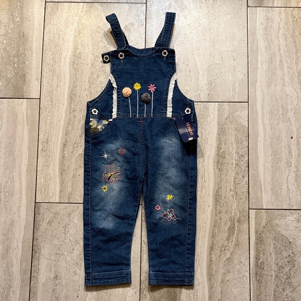 Kavio Kids Blue Overalls with Embroidered Accents